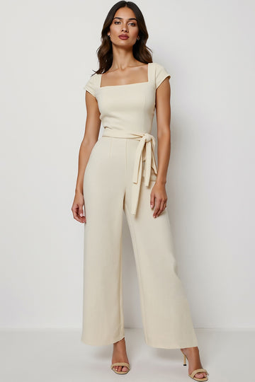 Apricot Square Neck Long Jumpsuit with Sash